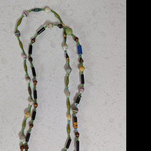 Multicolored layered necklace with beads and recycled paper